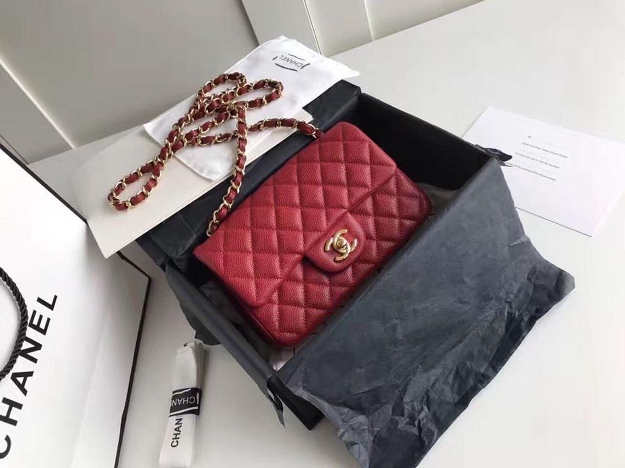 Chanel Classic Flap With Charm Chain With CC Details On Strap Bag Gold Hardware Lambskin Leather Spring/Summer Collection Red
