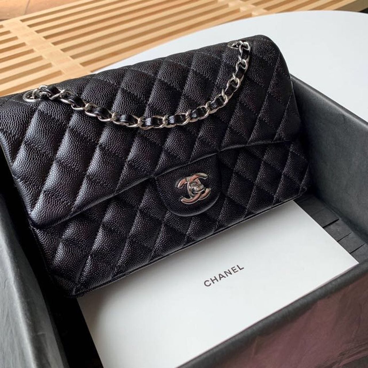 Chanel Classic Flap Bag Silver/Gold Hardware Lambskin/Caviar Leather Spring/Summer Collection Black