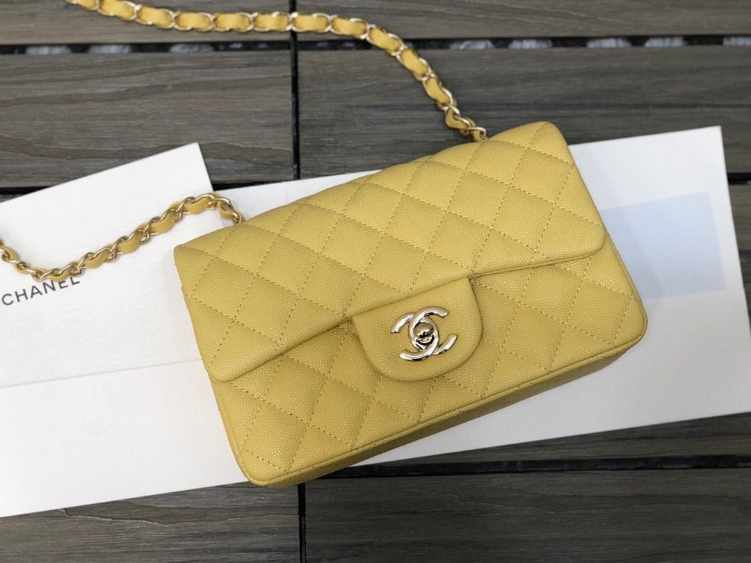 Chanel Classic Flap Bag 20cm Silver Hardware Caviar Leather Spring/Summer Collection Yellow