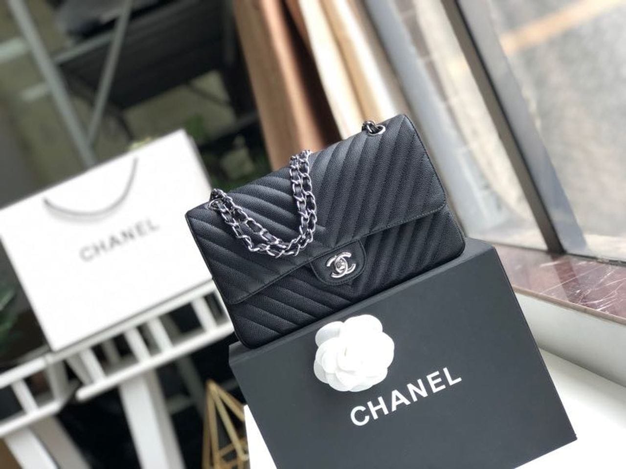 Chanel Chevron Classic Flap Bag 25cm Silver Hardware Caviar Leather Spring/Summer Collection Black