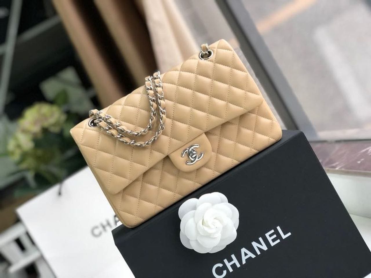Chanel Classic Flap Bag 30cm Silver Hardware Lambskin Leather Spring/Summer Collection Beige
