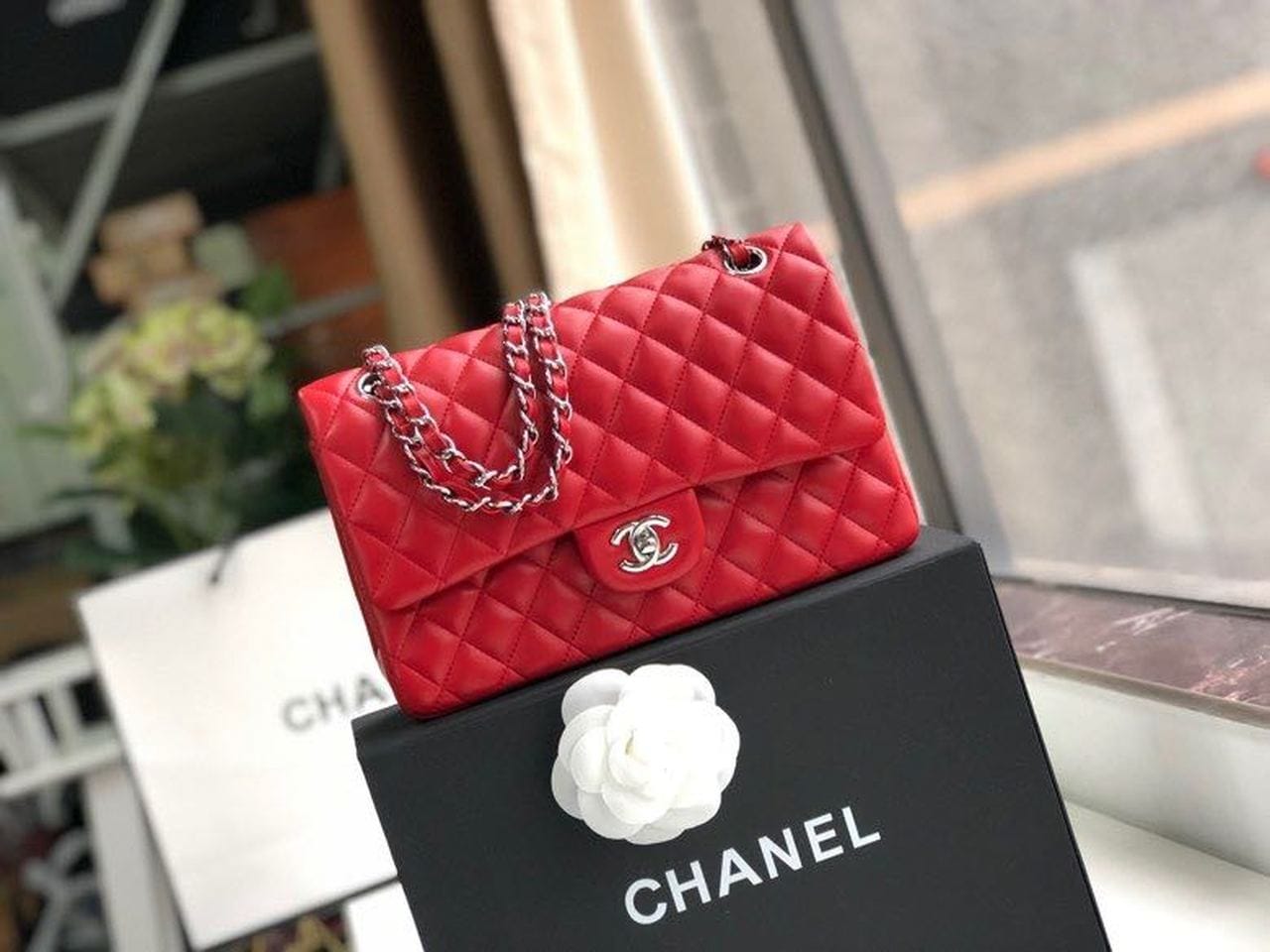 Chanel Classic Flap Bag 25cm Silver Hardware Lambskin Leather Spring/Summer Collection Red
